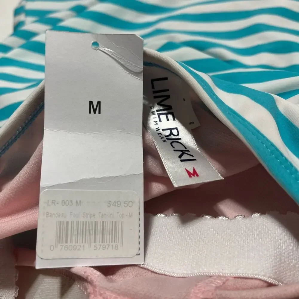 NWT Lime Ricki Bandeau Pool Stripe Tankini Top Blue Aqua White Size M Medium New - Picture 5 of 5